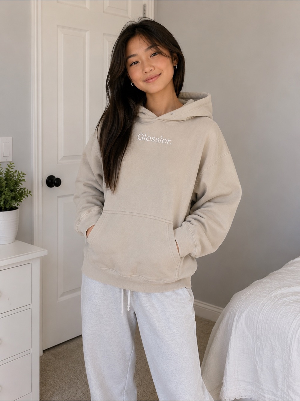 Glossier Beige Oversized Hoodie Size Small Minimal Cozy Sweatshirt